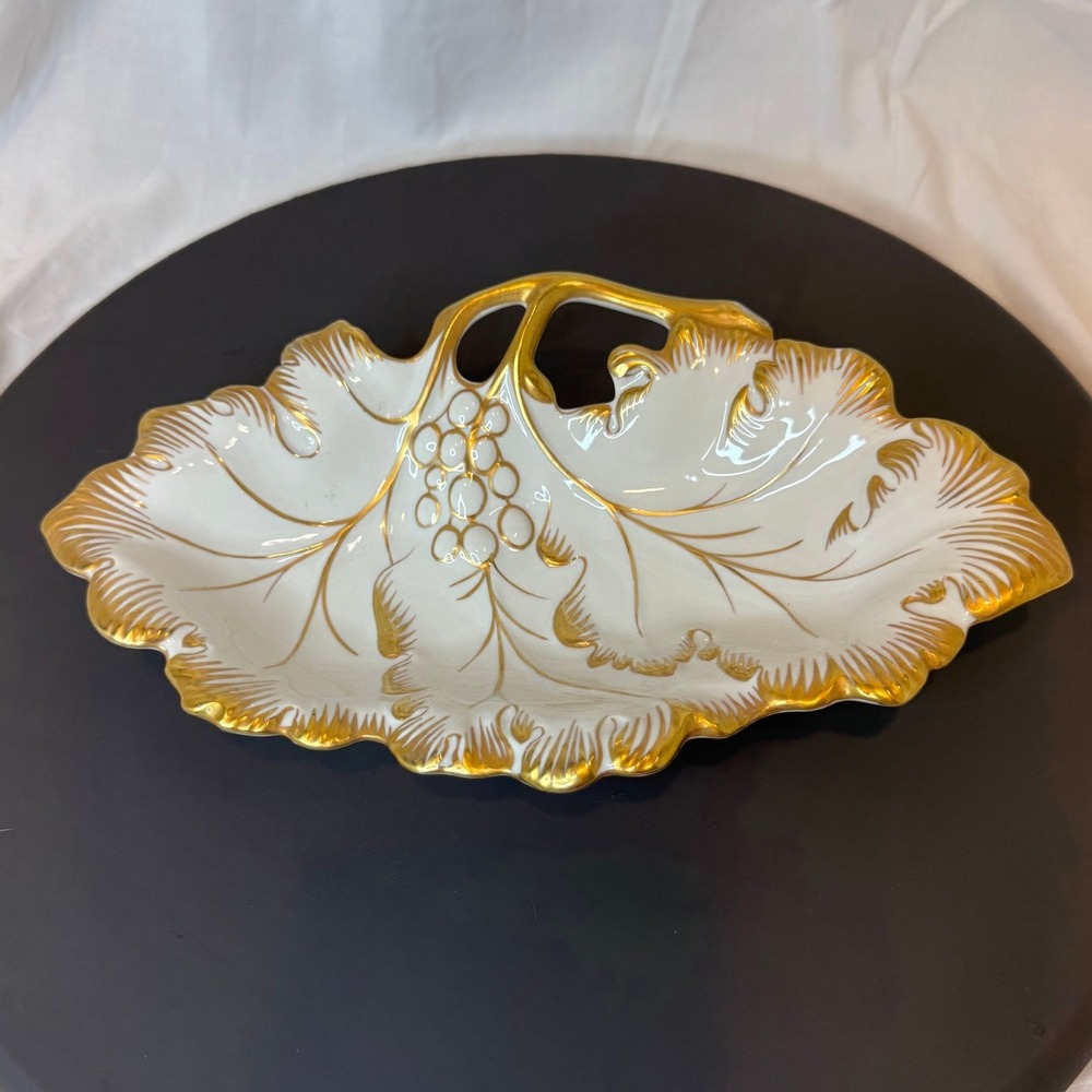 Vintage RPM Bavaria Germany Porcelain Leaf Dish Gold Gilt Grape Trinket Bowl